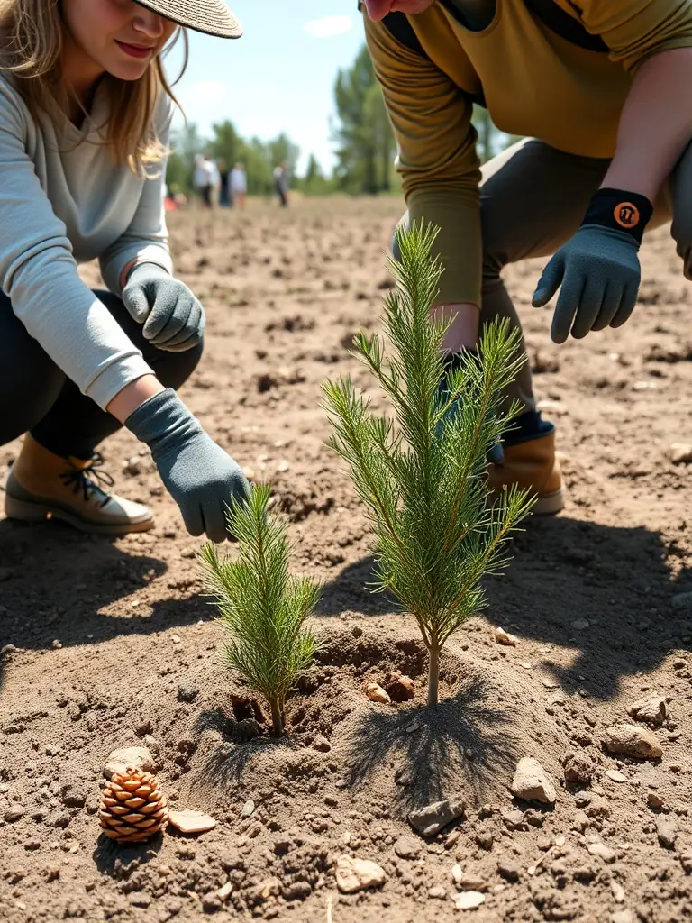 A photograph of volunteers planting pine saplings in a deforested area, emphasizing the direct impact of donations on reforestation efforts.
