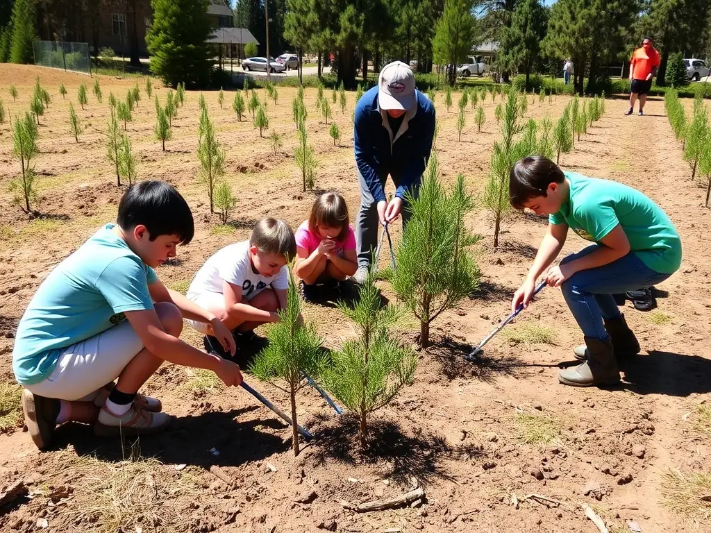A group of volunteers planting pine saplings in a deforested area, symbolizing reforestation efforts and community involvement in environmental restoration.