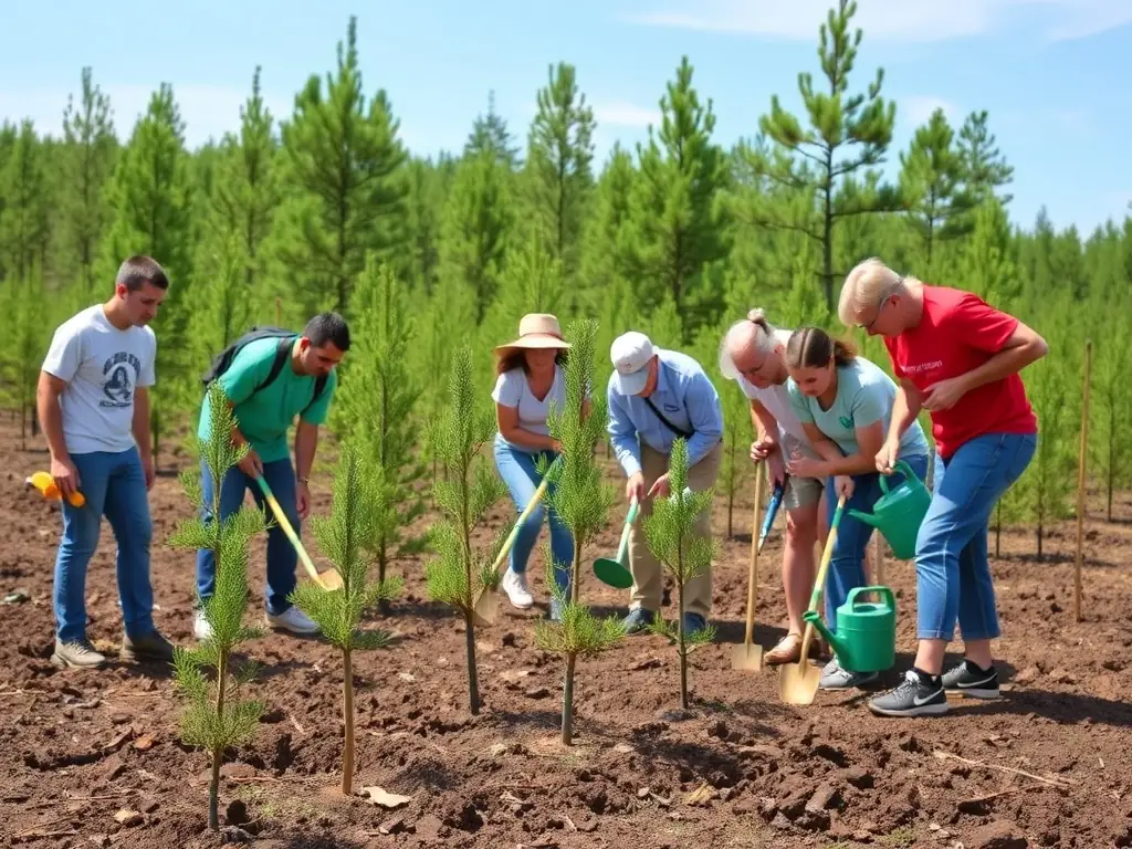 A group of volunteers planting pine saplings in a deforested area, symbolizing reforestation efforts.