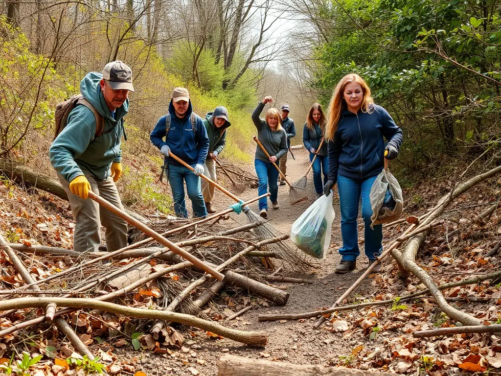A group of people cleaning up litter in a forest, showcasing community engagement in maintaining the natural beauty of the pine forest.