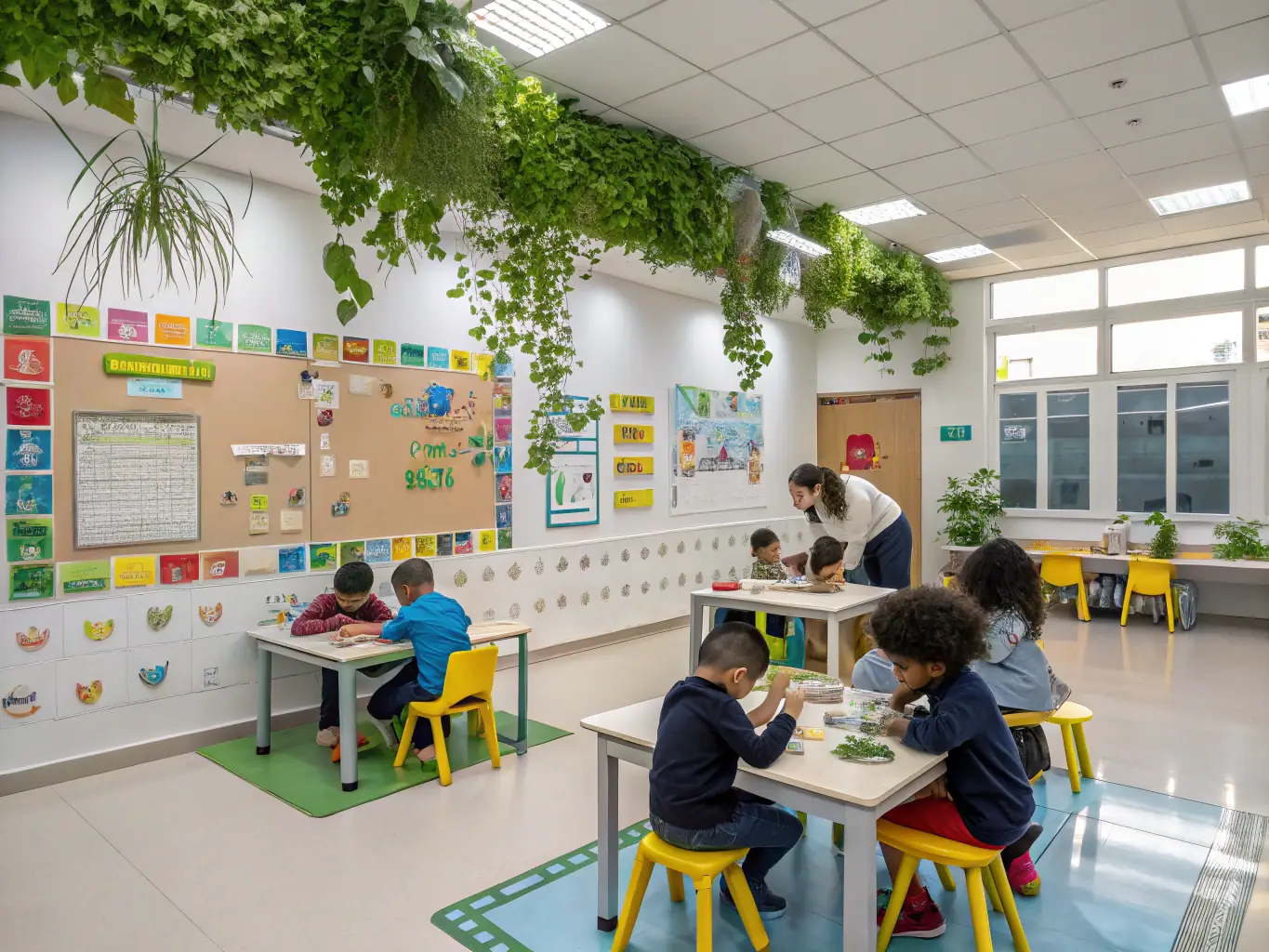 A classroom setting where an environmental educator is teaching children about the importance of pine forests.