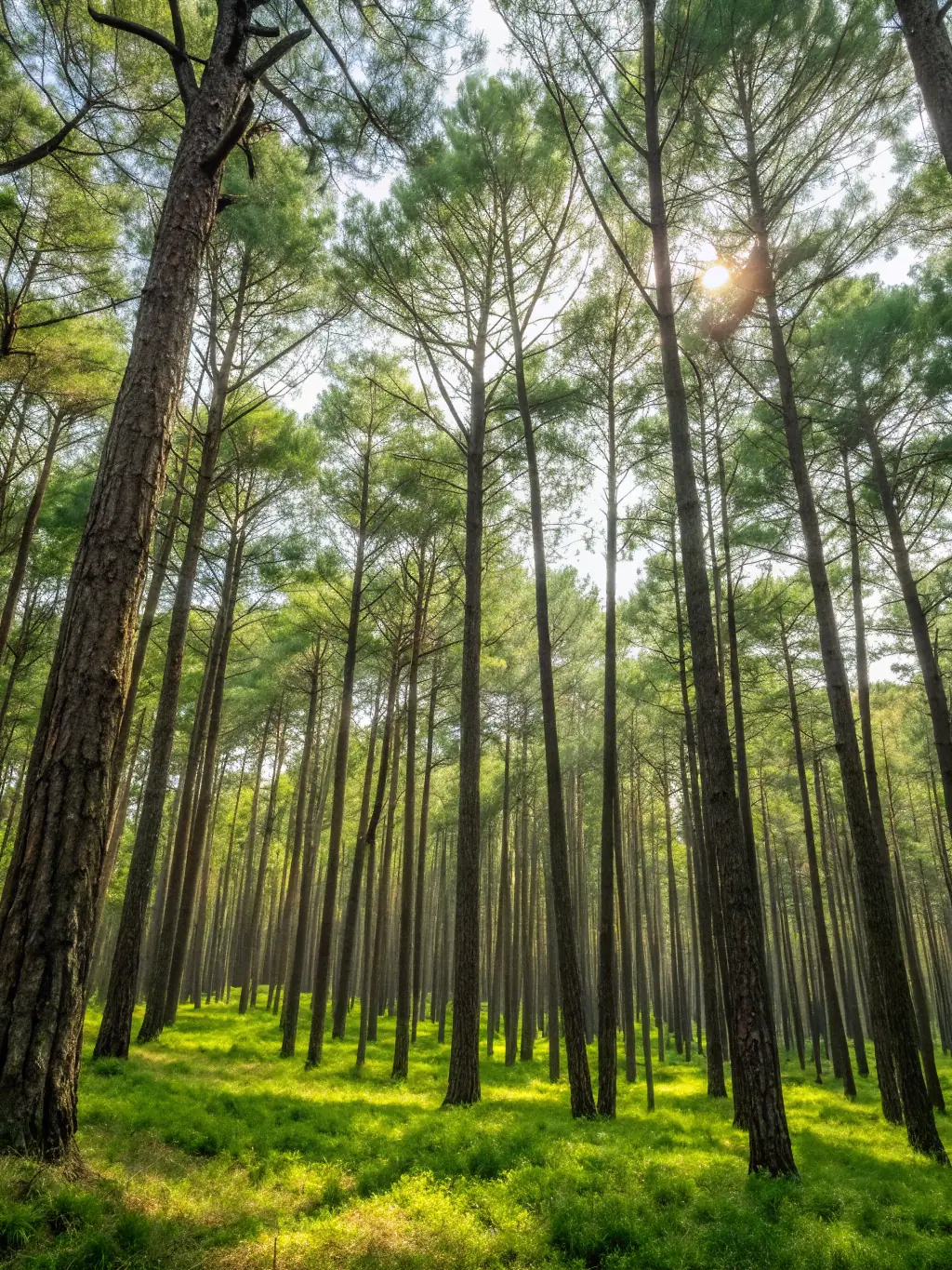 A picture of a healthy, thriving pine forest ecosystem, showcasing the positive results of sustainable forest management and conservation efforts.