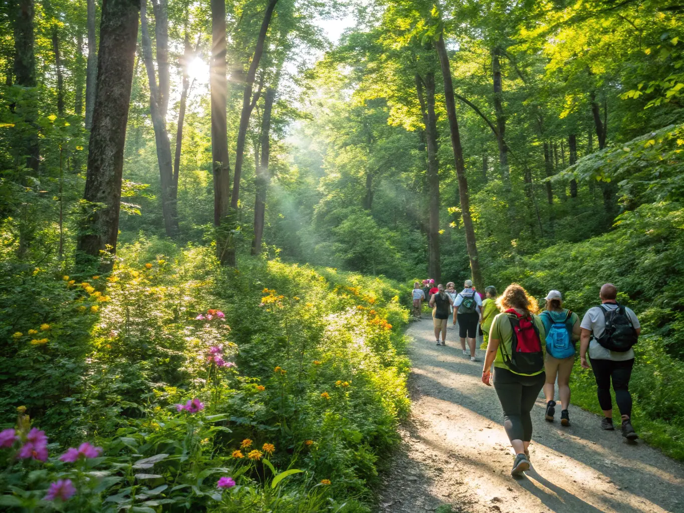 A group of people participating in a guided nature walk through a pine forest, learning about local flora and fauna.
