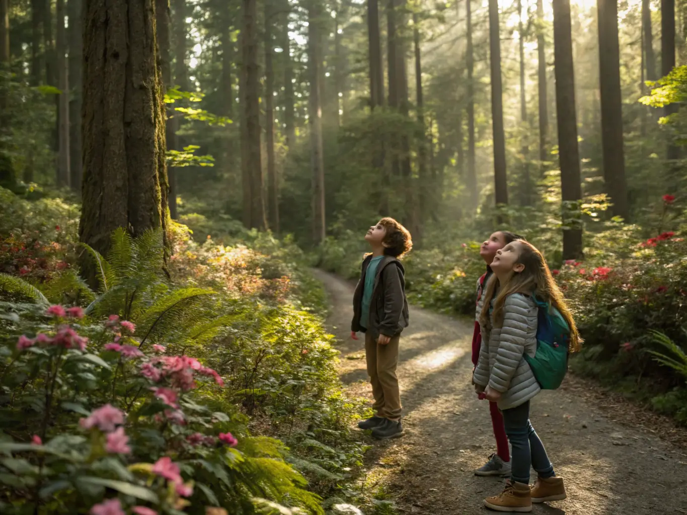 A close-up shot of children participating in a nature walk, learning about local flora and fauna, highlighting the educational aspect of the program.