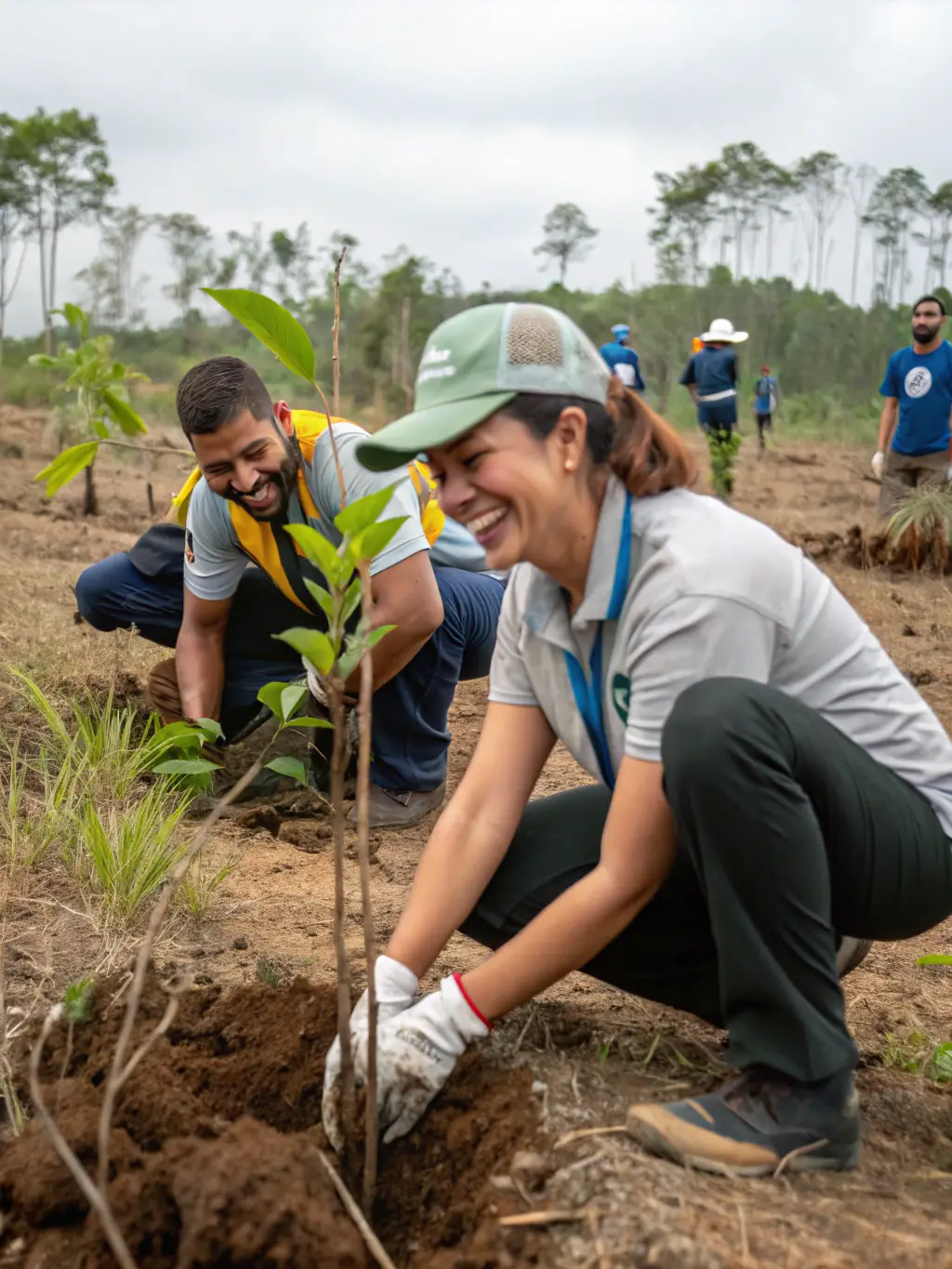 Volunteers planting new pine saplings in a deforested area, working together to restore the forest ecosystem. The image shows the collaborative effort and positive impact of reforestation.