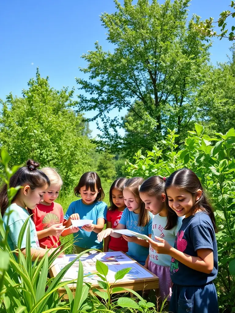 A group of children participating in a guided nature walk through a pine forest, led by an environmental educator. The children are observing plants and insects, learning about the local ecosystem.